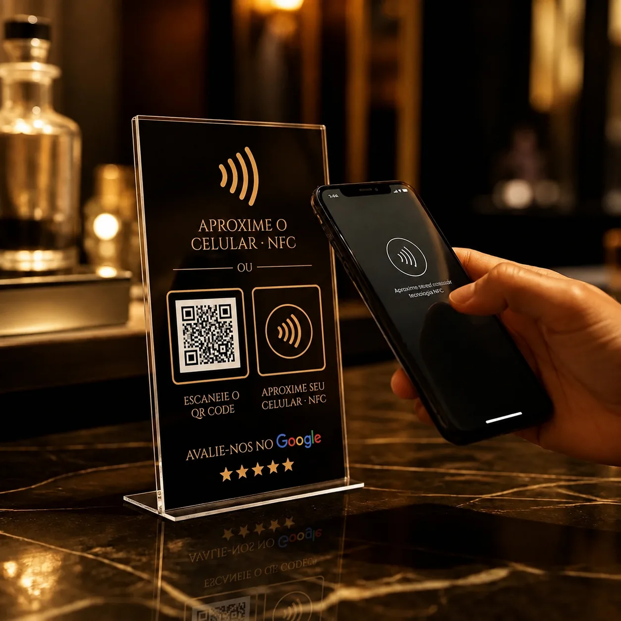 Plaquinha NFC e QR Code da Speck Digital em um balcão, com celular aproximado