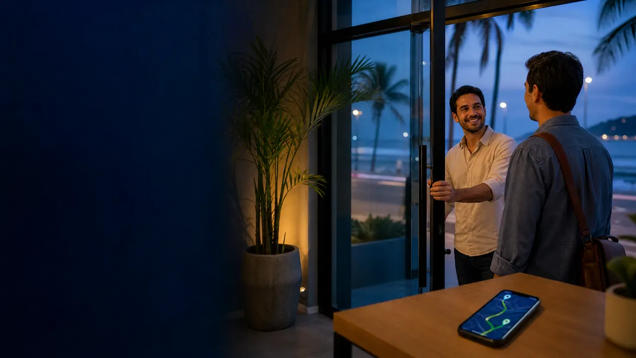 Cena conceitual de recepção a cliente em negócio local litorâneo